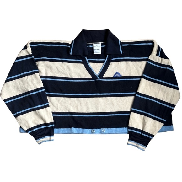 Iets Frans Retro Rugby Stripe Collared Boxy Crop Knit Sweater Blue/Cream Small - Picture 2 of 6